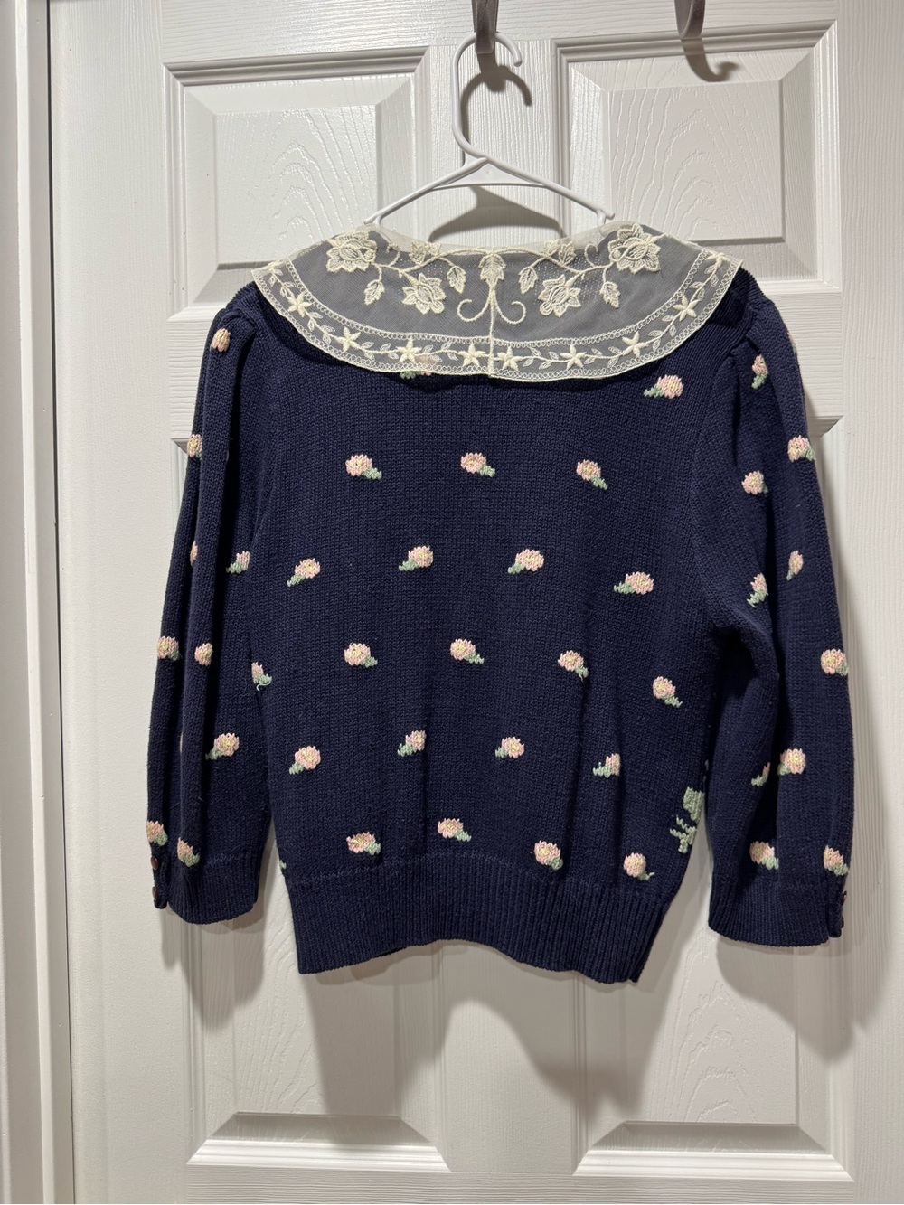 Charming Navy Floral Knit Cardigan Lace Collar Hand Embroidered Feminine Style - Picture 5 of 14